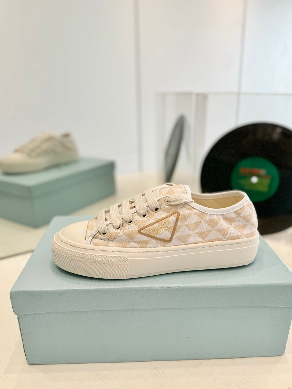 PRADA PRINTED COTTON SNEAKERS BEIGE AND NUDE TRIANGLE CANVAS