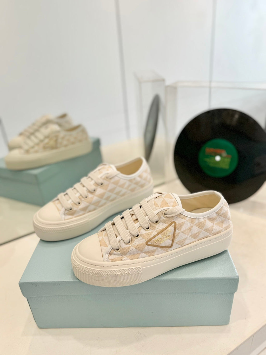 PRADA PRINTED COTTON SNEAKERS BEIGE AND NUDE TRIANGLE CANVAS