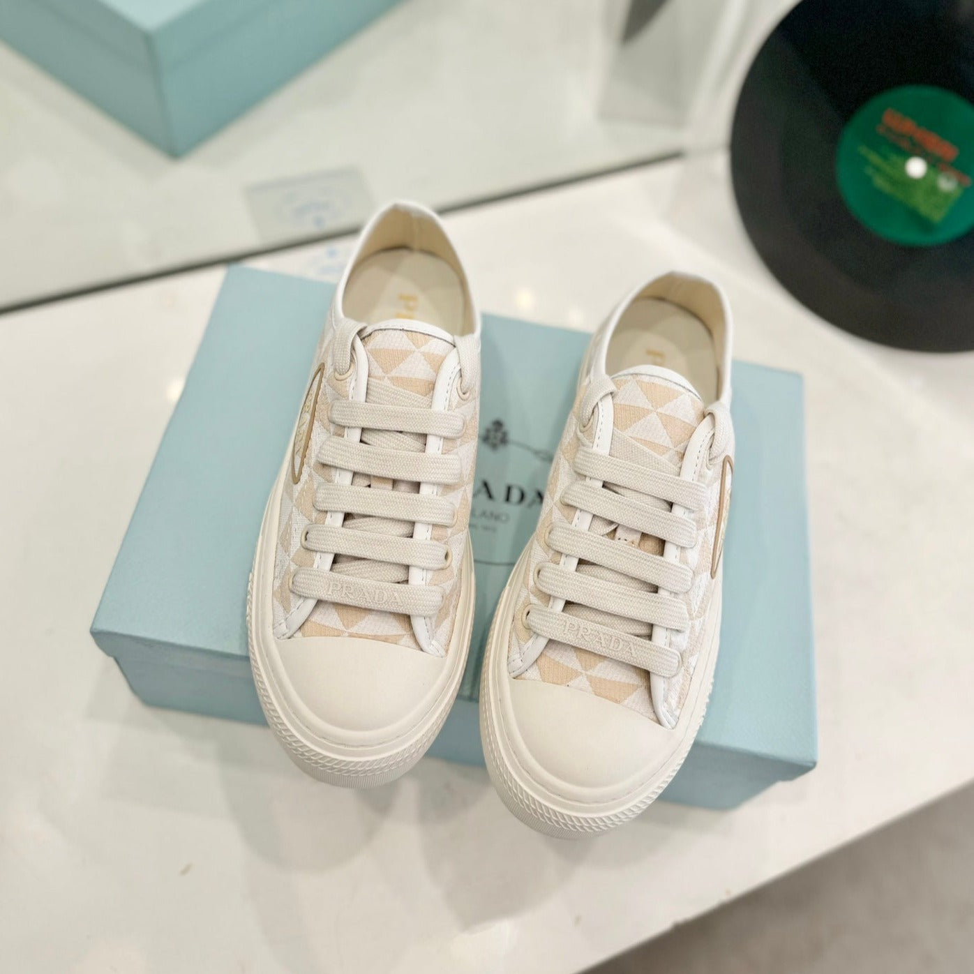 PRADA PRINTED COTTON SNEAKERS BEIGE AND NUDE TRIANGLE CANVAS