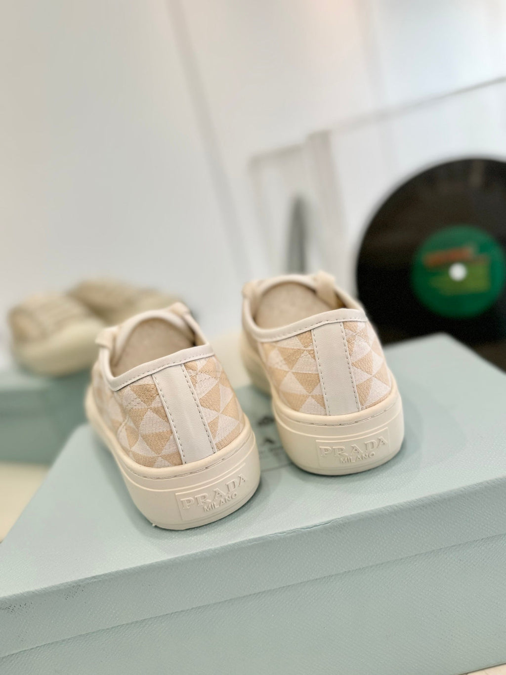 PRADA PRINTED COTTON SNEAKERS BEIGE AND NUDE TRIANGLE CANVAS