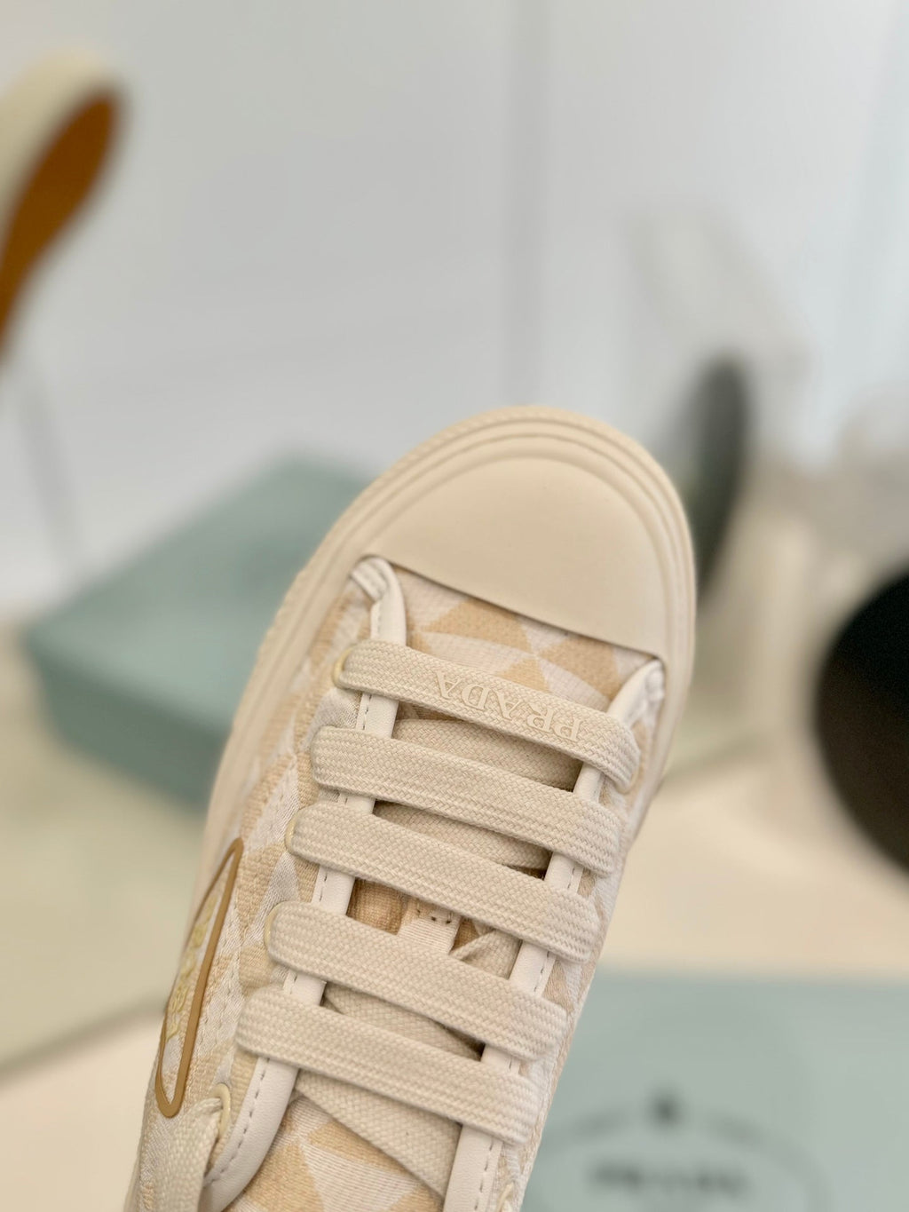 PRADA PRINTED COTTON SNEAKERS BEIGE AND NUDE TRIANGLE CANVAS
