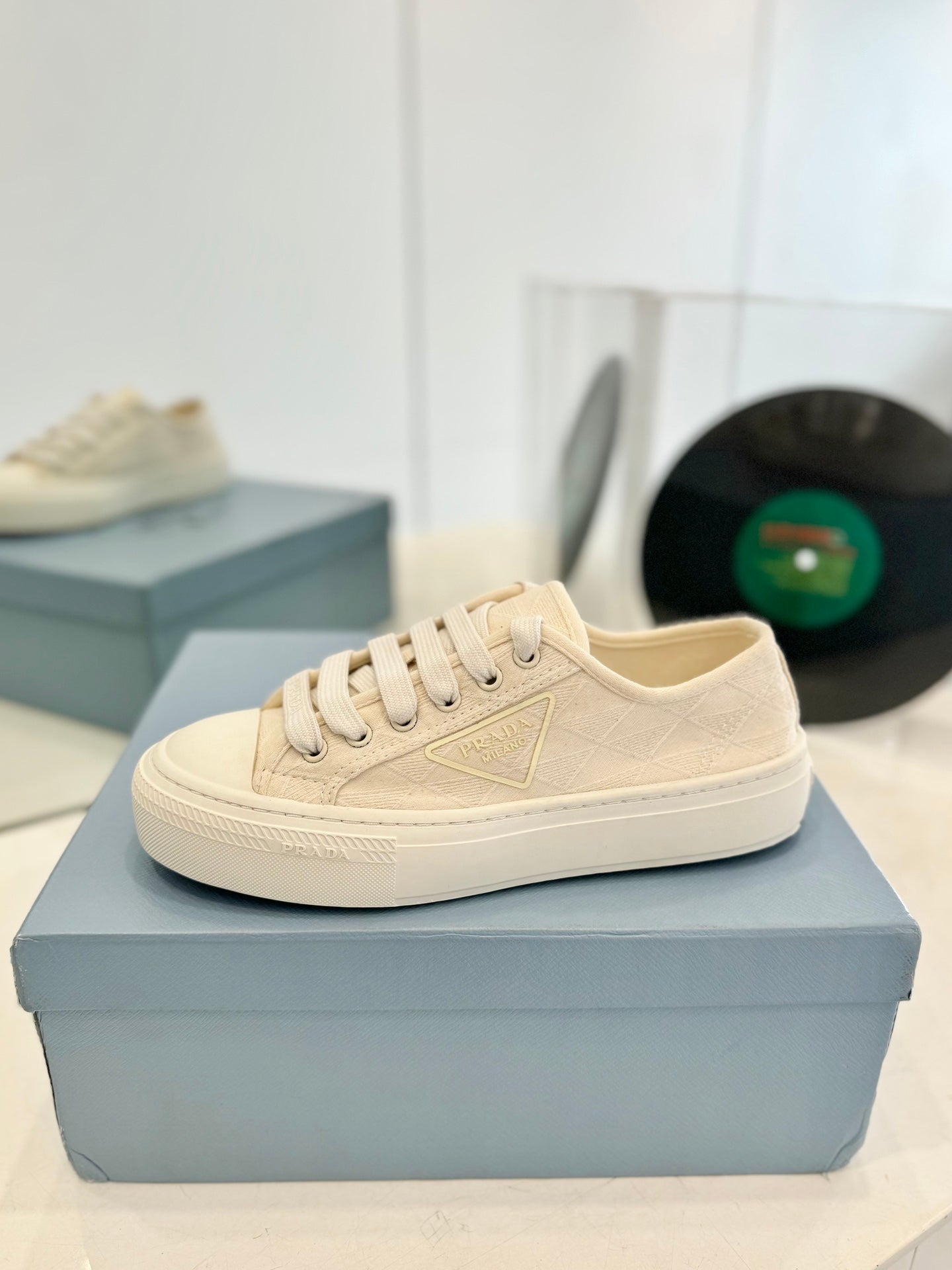 PRADA PRINTED COTTON SNEAKERS BEIGE CANVAS
