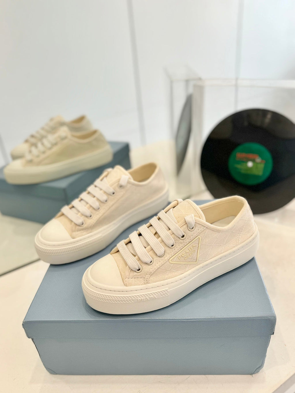 PRADA PRINTED COTTON SNEAKERS BEIGE CANVAS