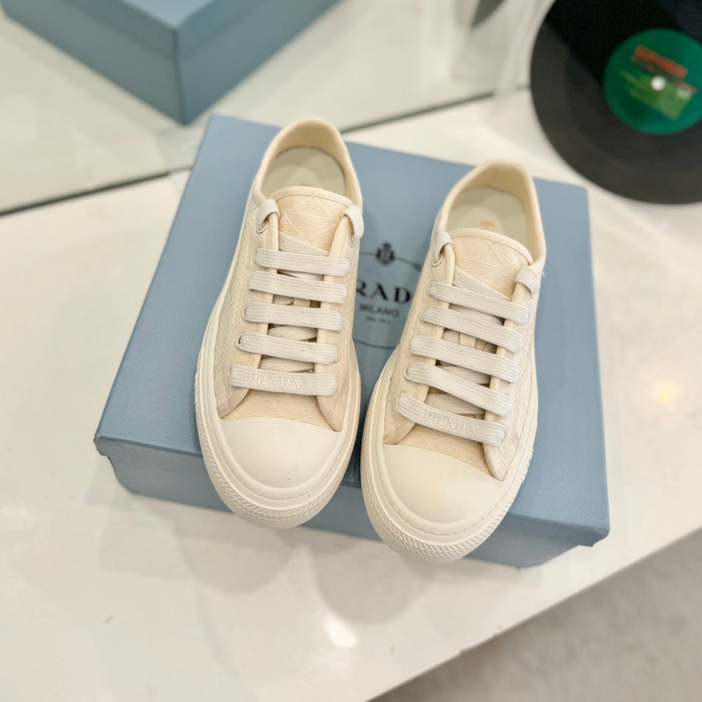 PRADA PRINTED COTTON SNEAKERS BEIGE CANVAS