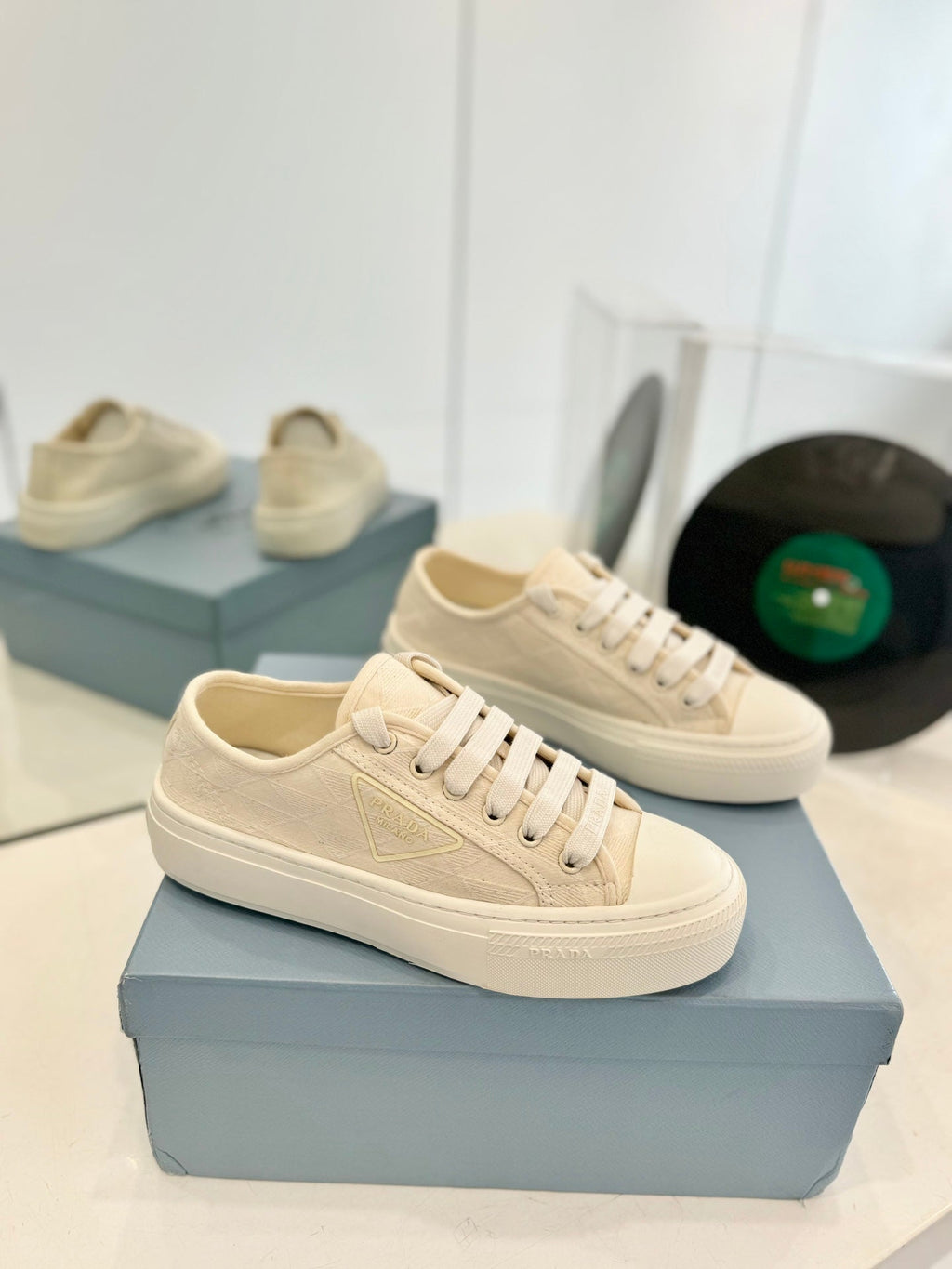 PRADA PRINTED COTTON SNEAKERS BEIGE CANVAS