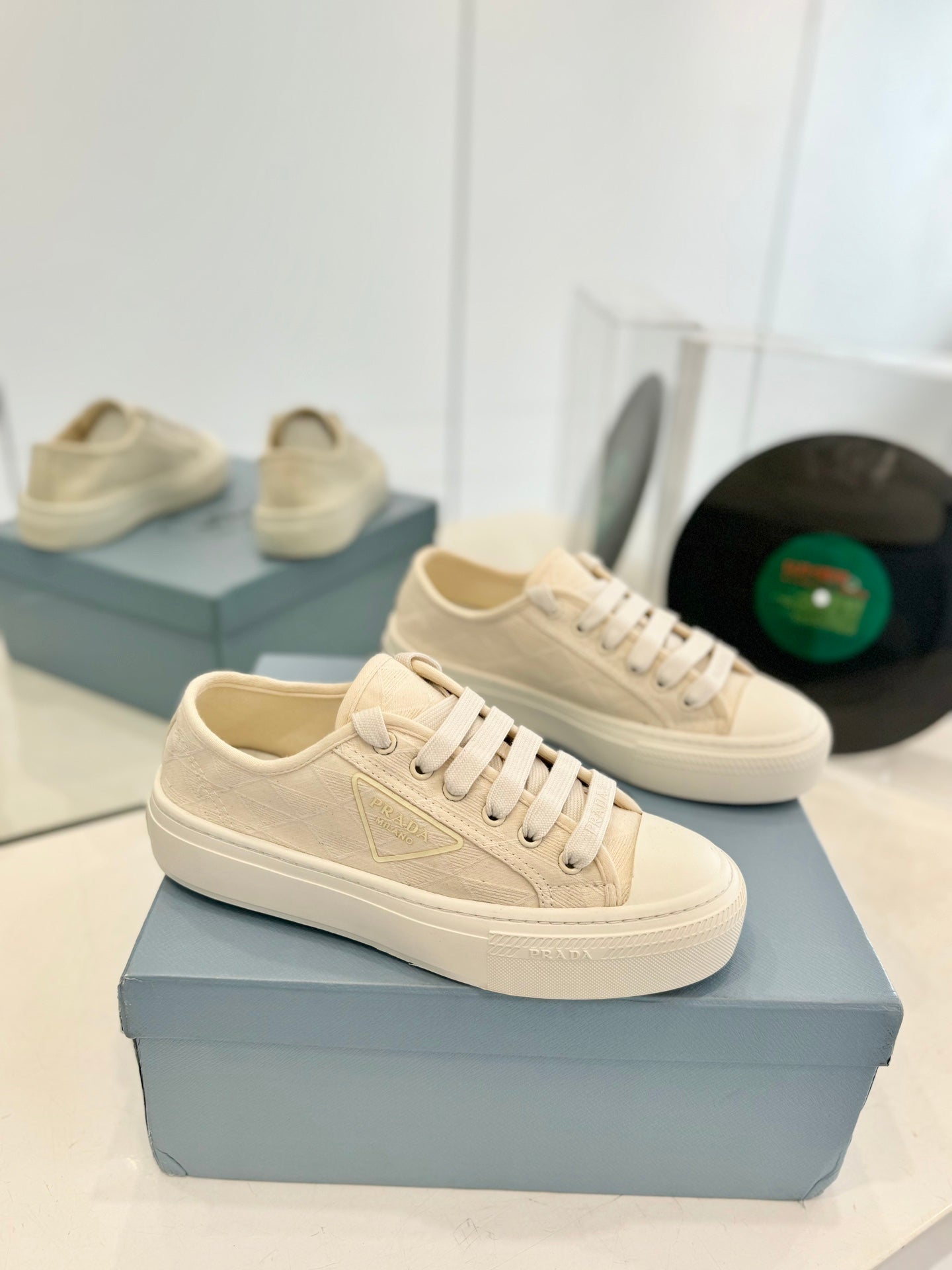PRADA PRINTED COTTON SNEAKERS BEIGE CANVAS