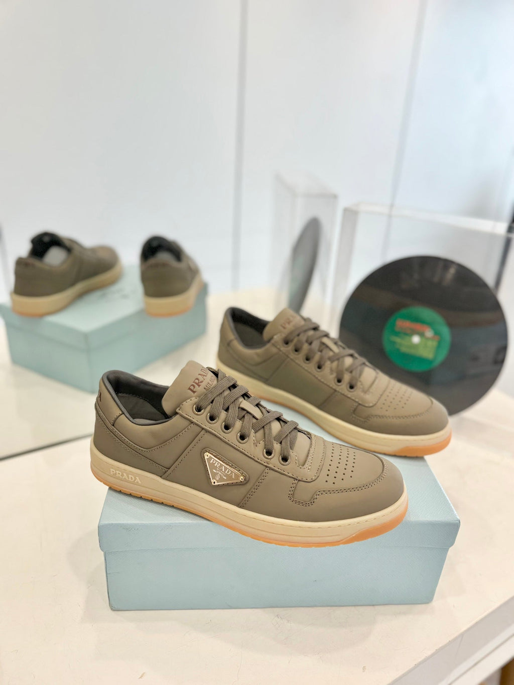 PRADA DOWNTOWN PERFORATED SNEAKERS OLIVE CALFSKIN
