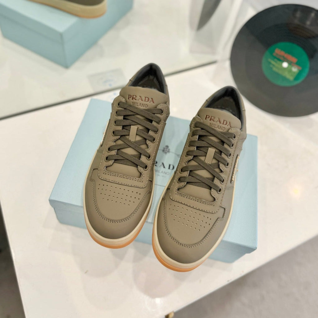 PRADA DOWNTOWN PERFORATED SNEAKERS OLIVE CALFSKIN