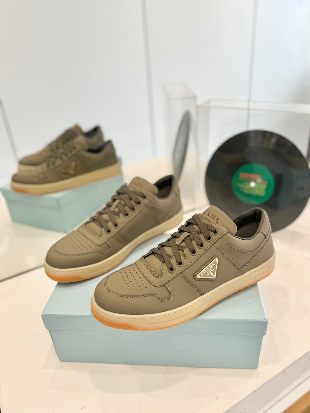 PRADA DOWNTOWN PERFORATED SNEAKERS OLIVE CALFSKIN