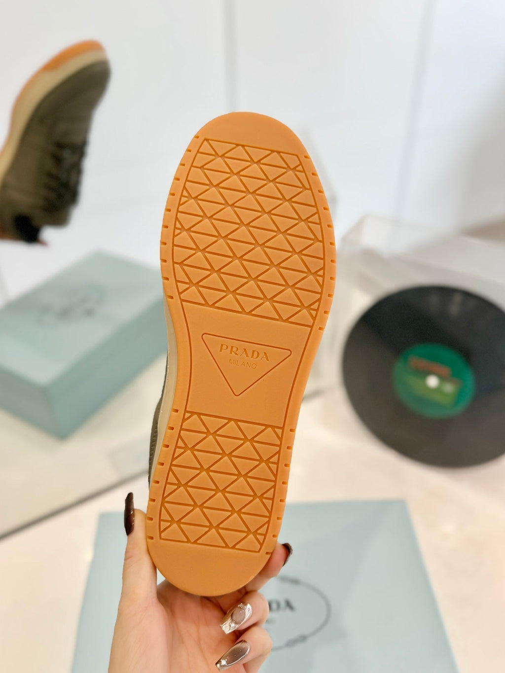 PRADA DOWNTOWN PERFORATED SNEAKERS OLIVE CALFSKIN