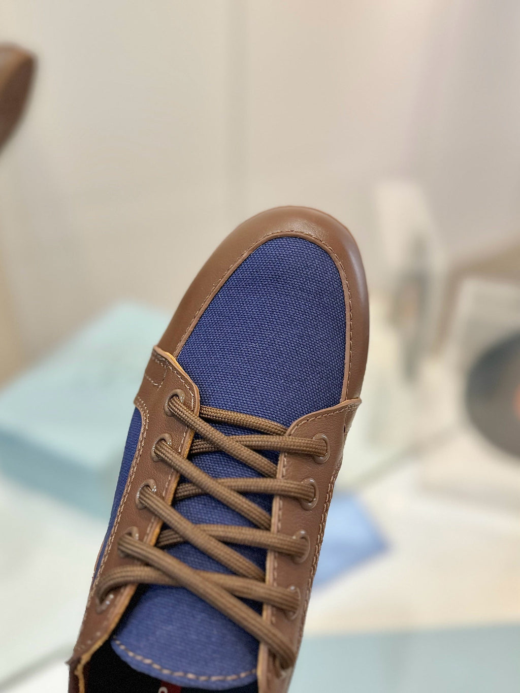 PRADA SNEAKERS IN BROWN LAMBSKIN AND NAVY BLUE CANVAS