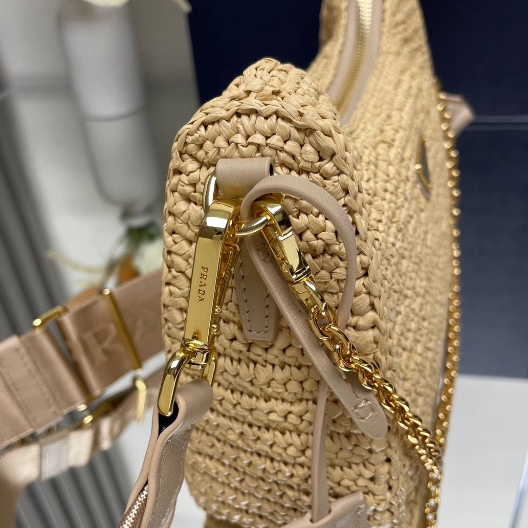 PRADA WOVEN HOBO BAG 23 IN BEIGE RAFFIA GOLD HARDWARE TRIANGLE LOGO