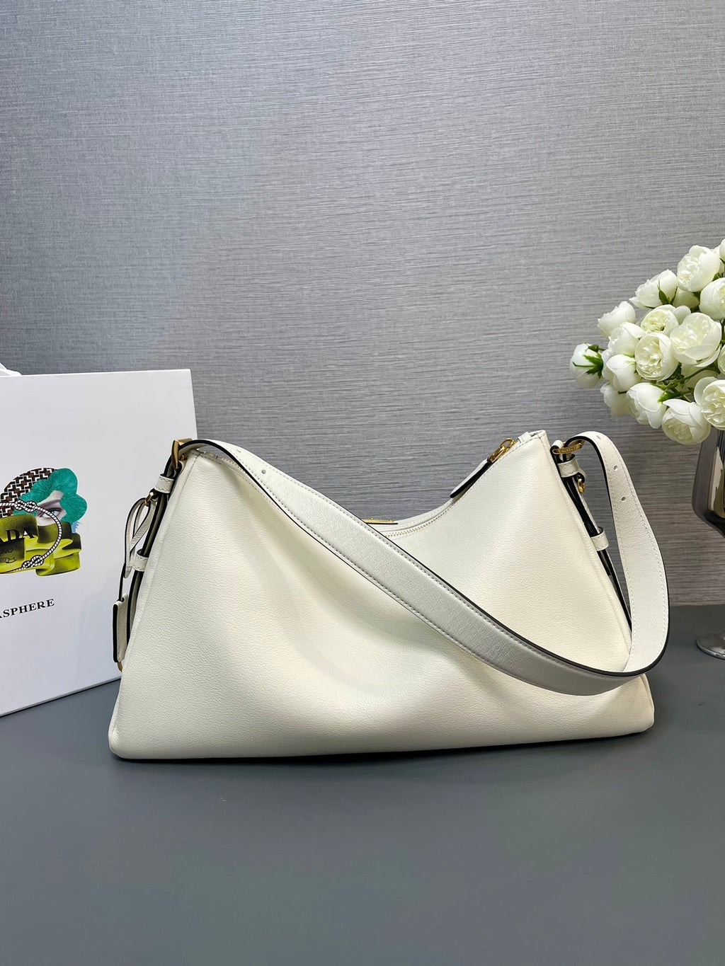 PRADA LARGE HOBO BAG 39 IN WHITE SOFT LAMBSKIN