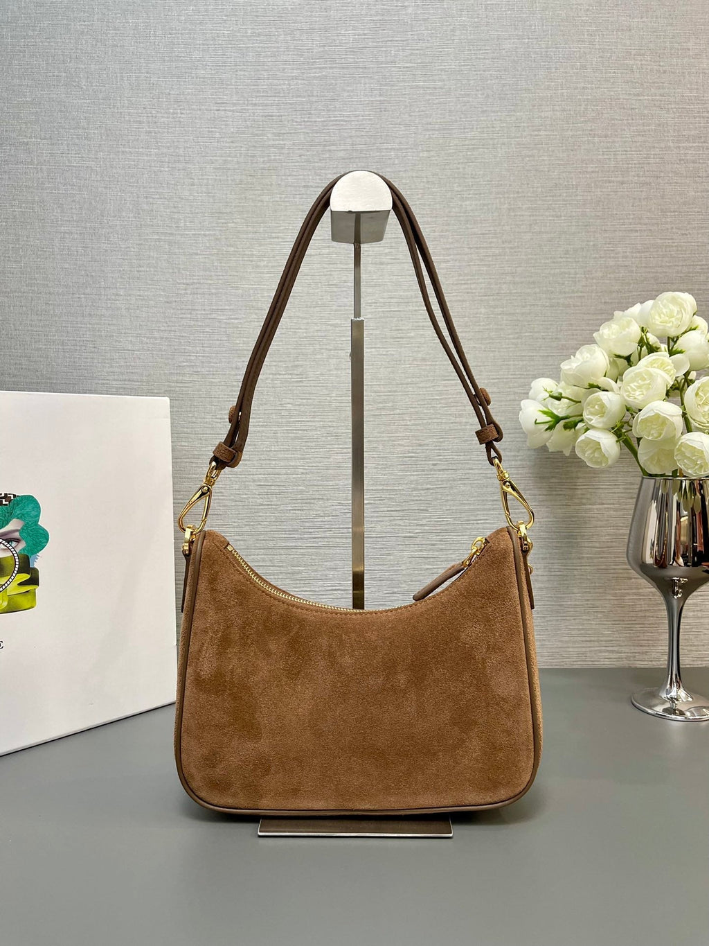 PRADA HOBO BAG 23 IN RUSSET BROWN SUEDE GOLD CHAIN