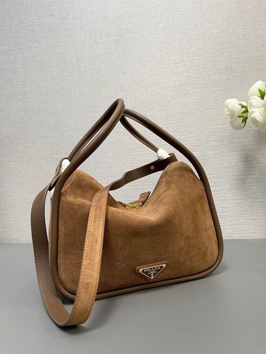 PRADA BOWLING BAG 25 IN ASH BROWN SUEDE AND CALFSKIN TRIM GOLD LOGO
