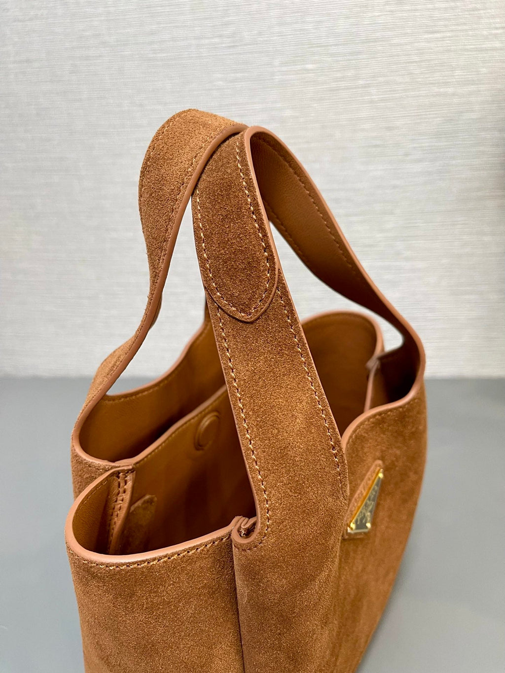 PRADA MINI TOTE BAG 18 IN RED BROWN SUEDE GOLD LOGO