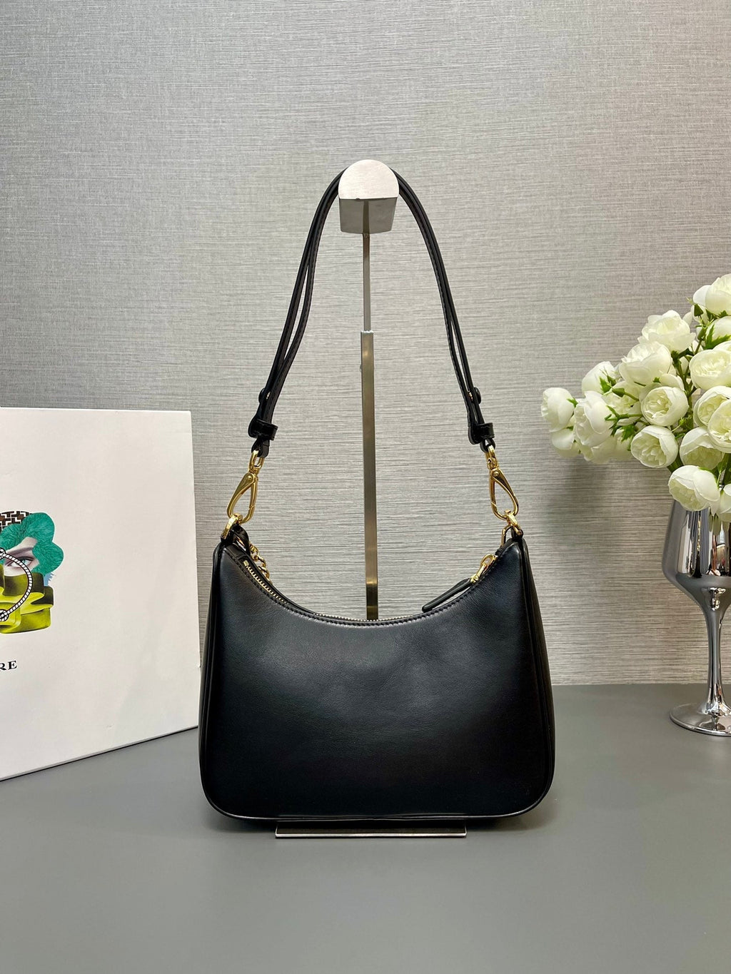 PRADA HOBO BAG 23 IN BLACK SMOOTH NAPPA LAMBSKIN GOLD HARDWARE