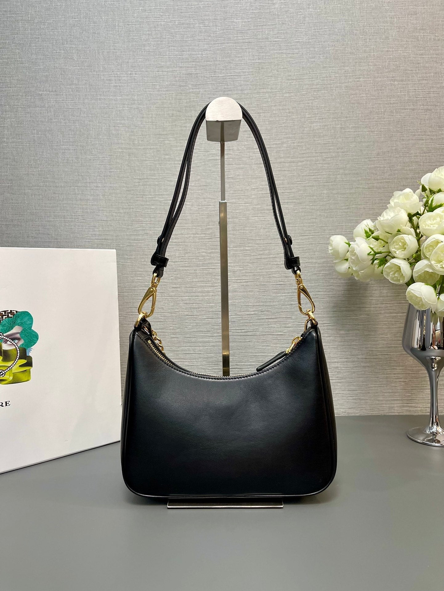 PRADA HOBO BAG 23 IN BLACK SMOOTH NAPPA LAMBSKIN GOLD HARDWARE