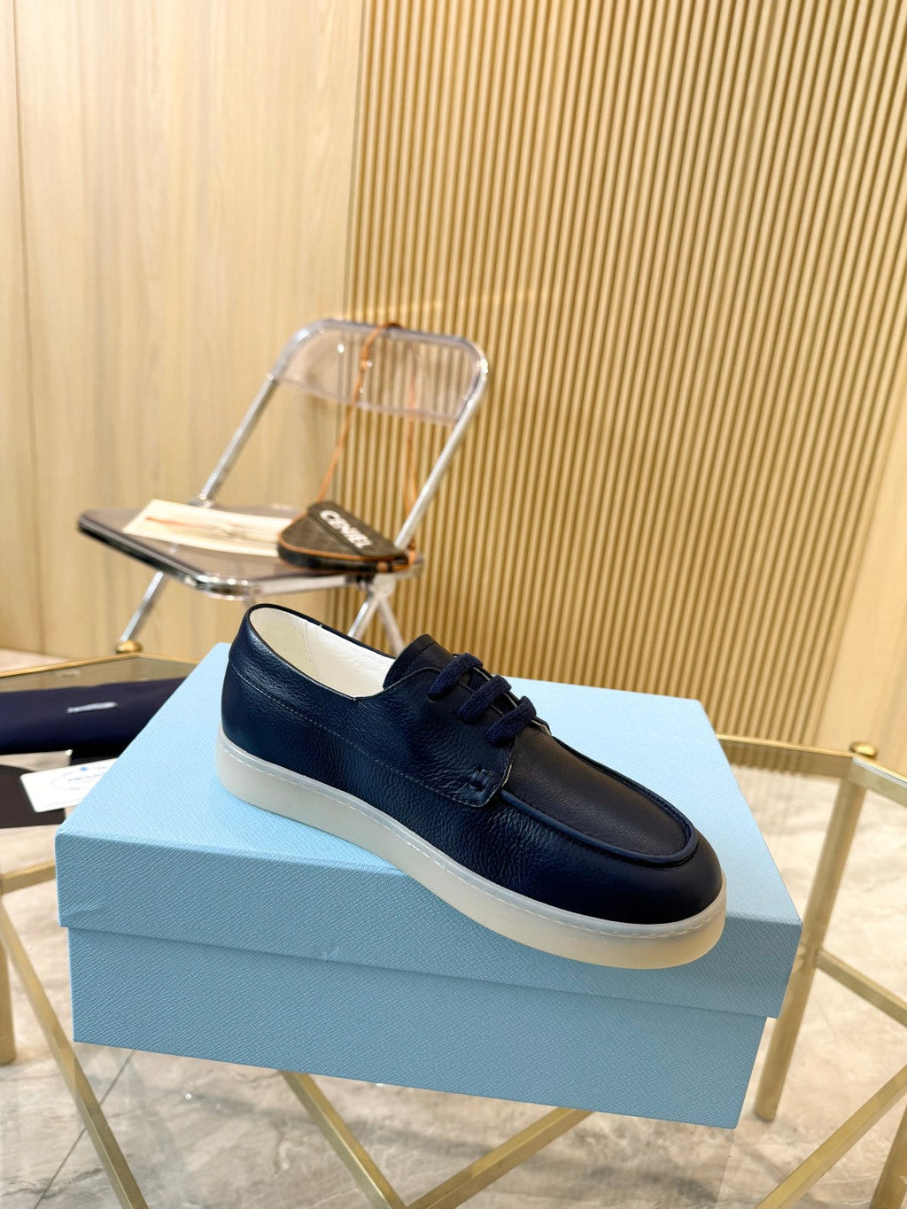 PRADA LACE-UP SHOES NAVY BLUE CALFSKIN