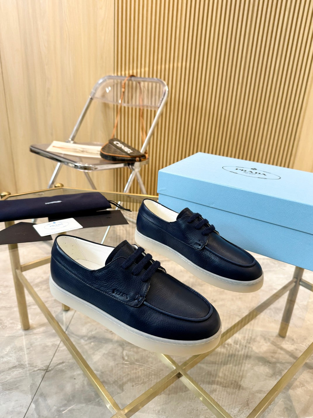 PRADA LACE-UP SHOES NAVY BLUE CALFSKIN