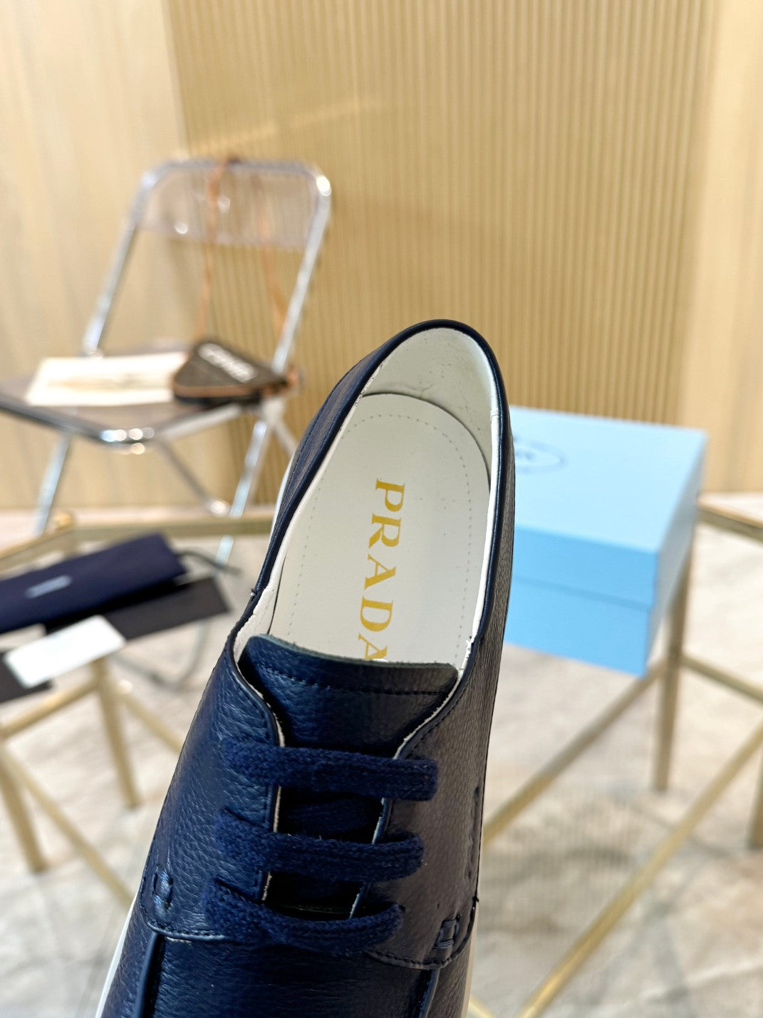 PRADA LACE-UP SHOES NAVY BLUE CALFSKIN