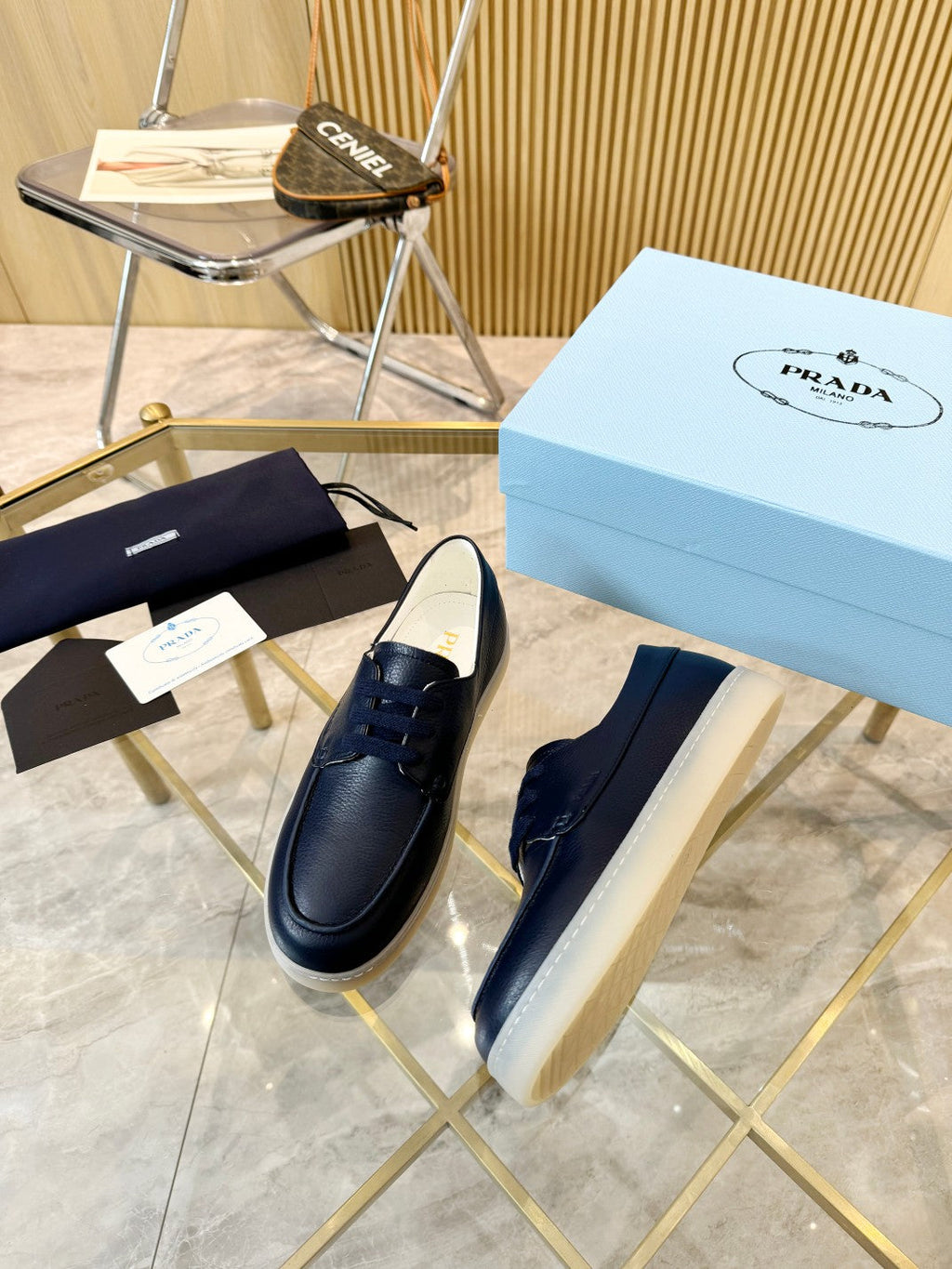 PRADA LACE-UP SHOES NAVY BLUE CALFSKIN