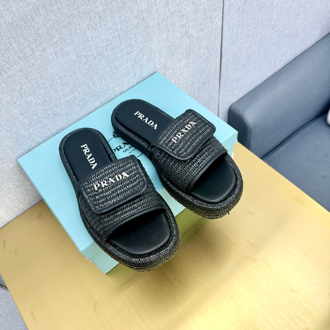 PRADA CROCHET SLIDES SLIPPERS BLACK RAFFIA