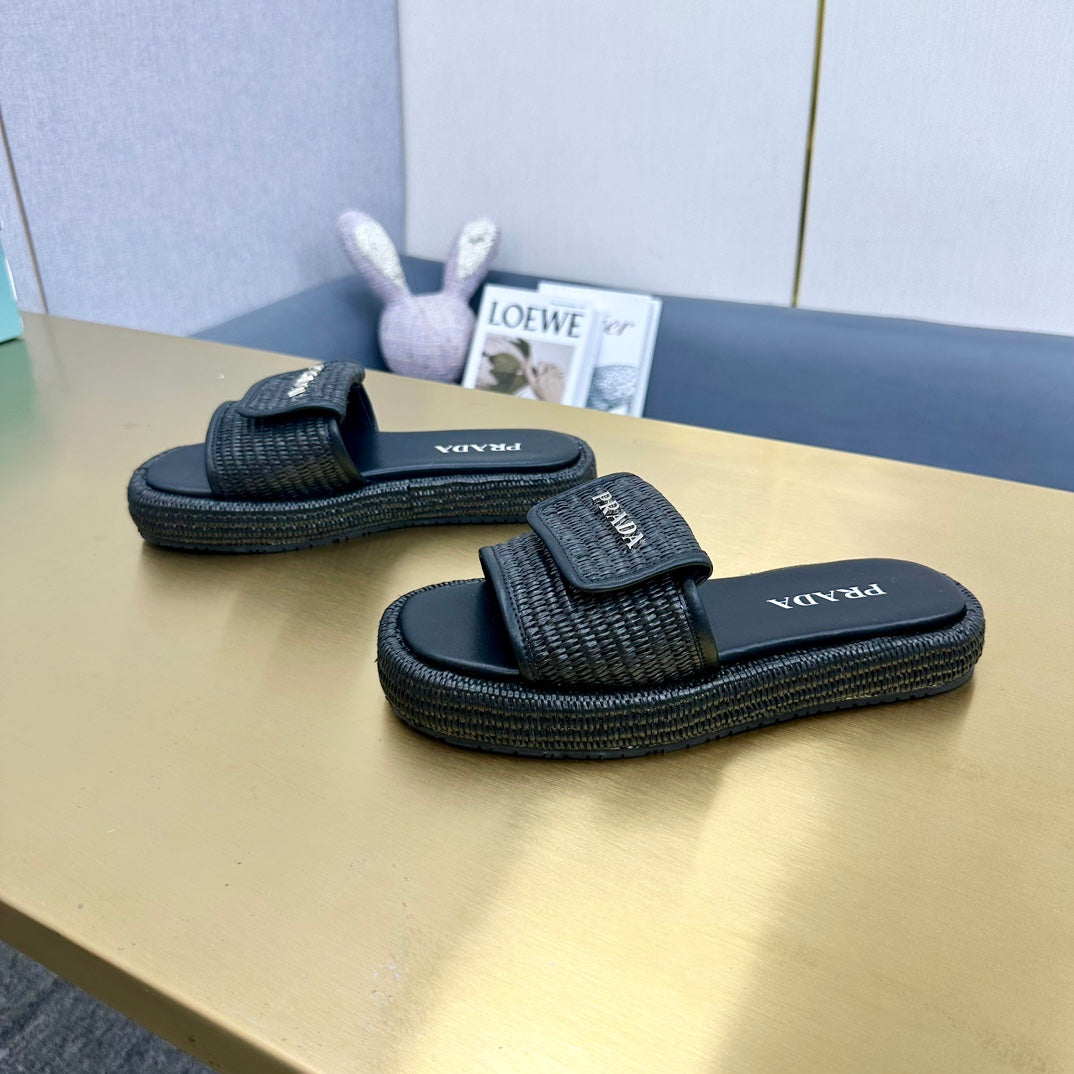 PRADA CROCHET SLIDES SLIPPERS BLACK RAFFIA