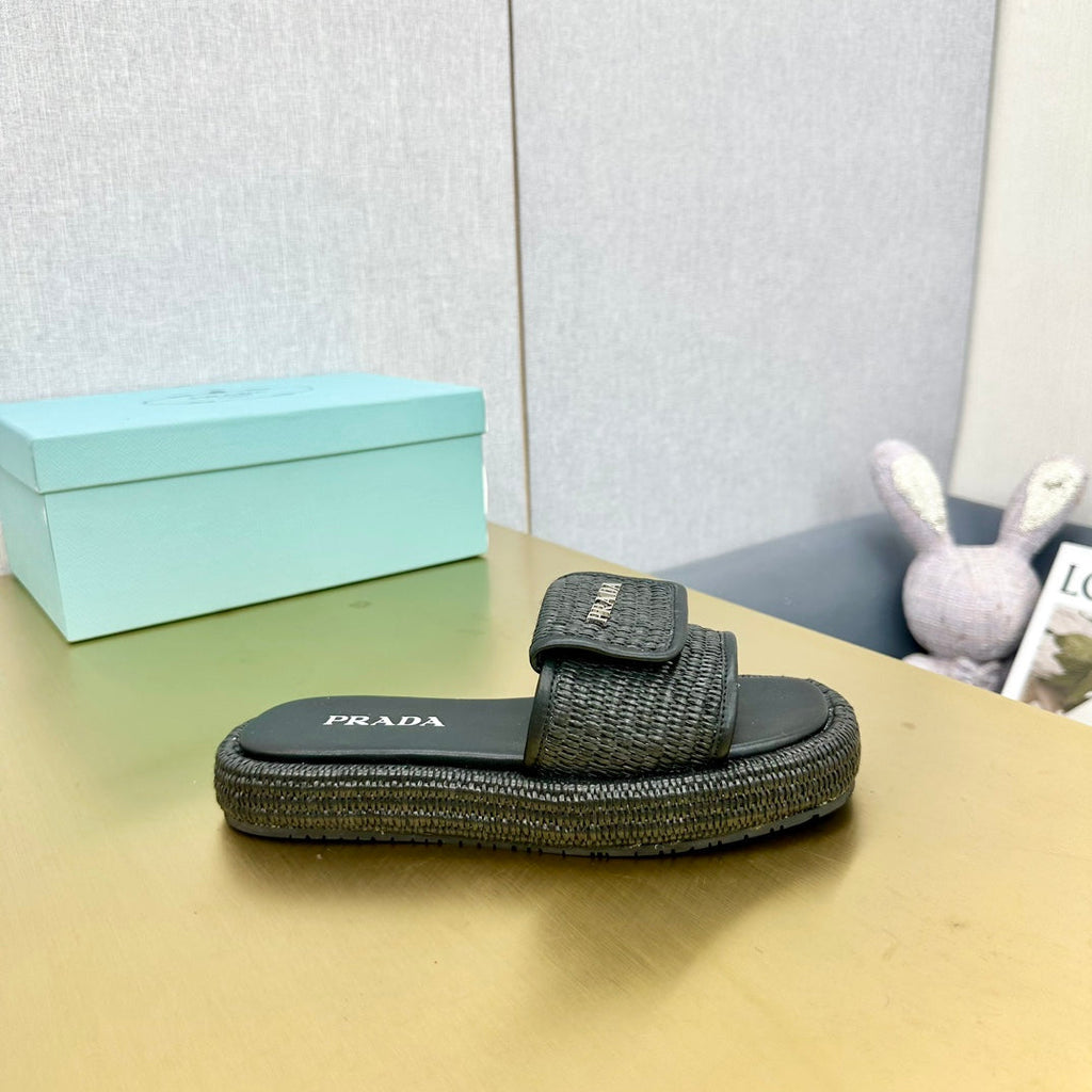 PRADA CROCHET SLIDES SLIPPERS BLACK RAFFIA