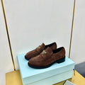 PRADA LOAFERS ATTACHED TRIANGLE LOGO IN WALNUT BROWN SUEDE