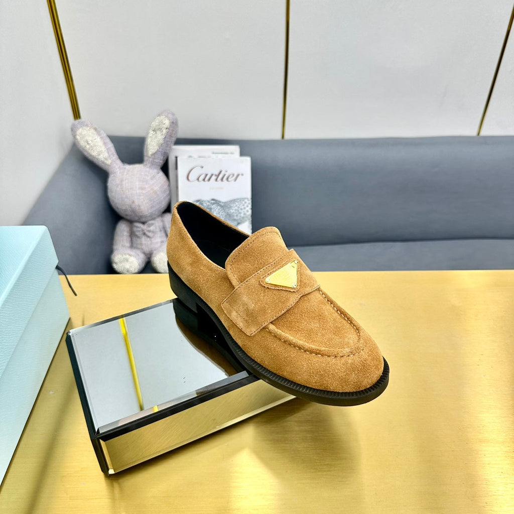 PRADA LOAFERS ATTACHED TRIANGLE LOGO IN PEANUT BROWN SUEDE