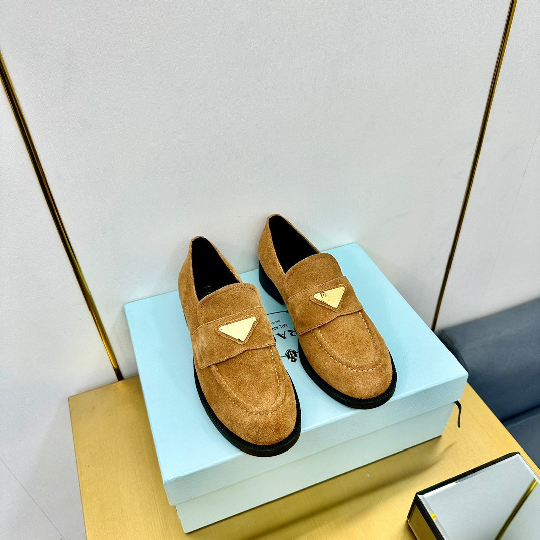 PRADA LOAFERS ATTACHED TRIANGLE LOGO IN PEANUT BROWN SUEDE