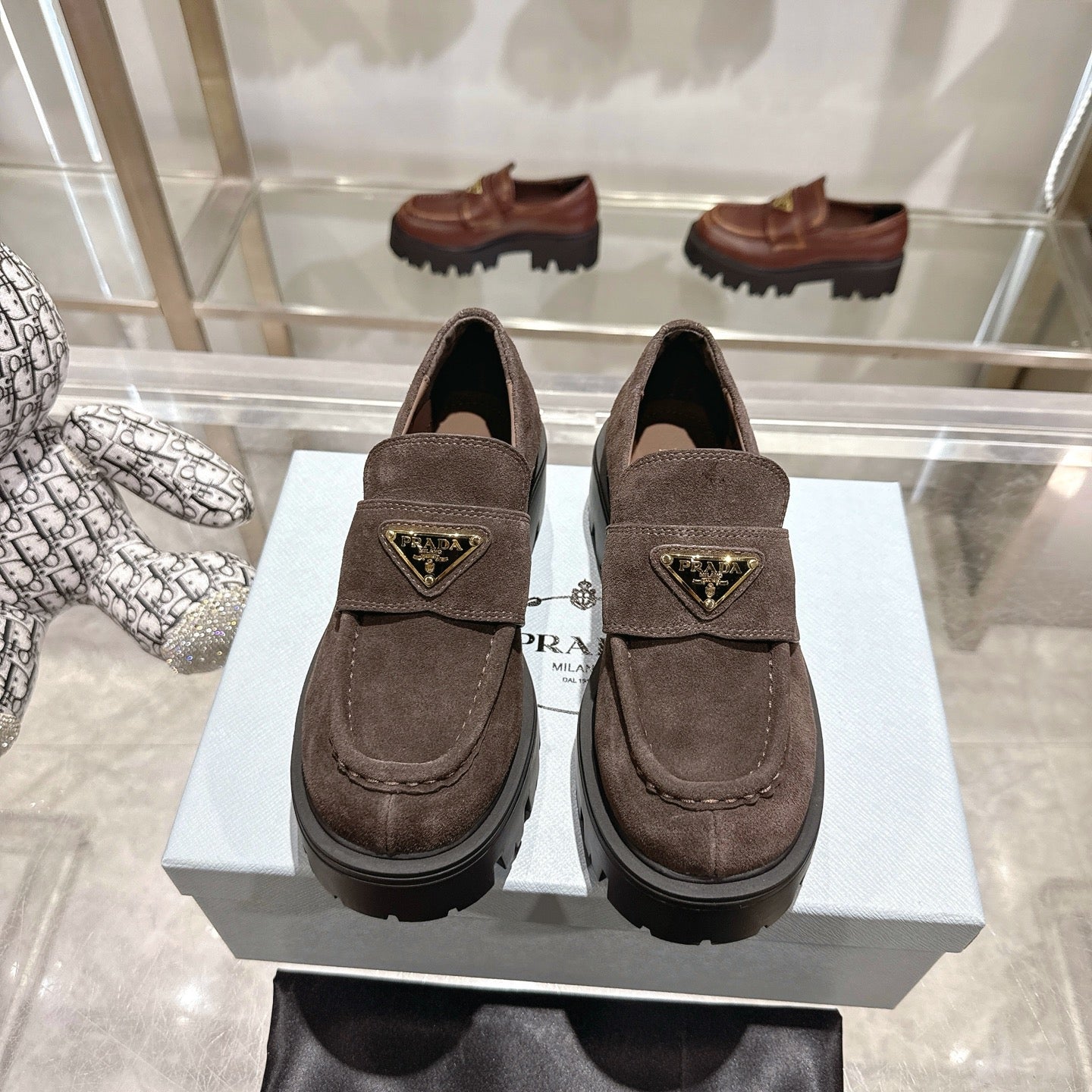 PRADA 25S THICK-SOLE LOAFERS 60 MM IN RK BROWN SUEDE