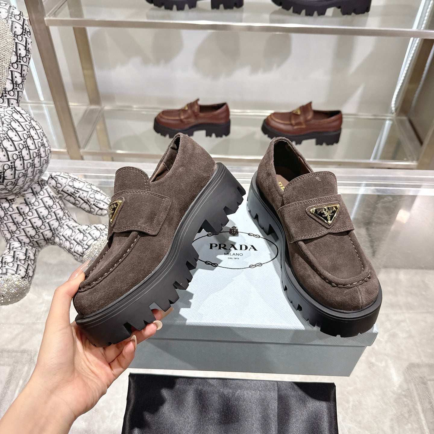 PRADA 25S THICK-SOLE LOAFERS 60 MM IN RK BROWN SUEDE