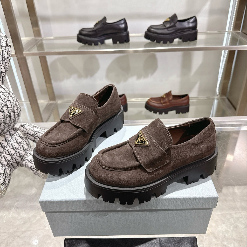 PRADA 25S THICK-SOLE LOAFERS 60 MM IN RK BROWN SUEDE