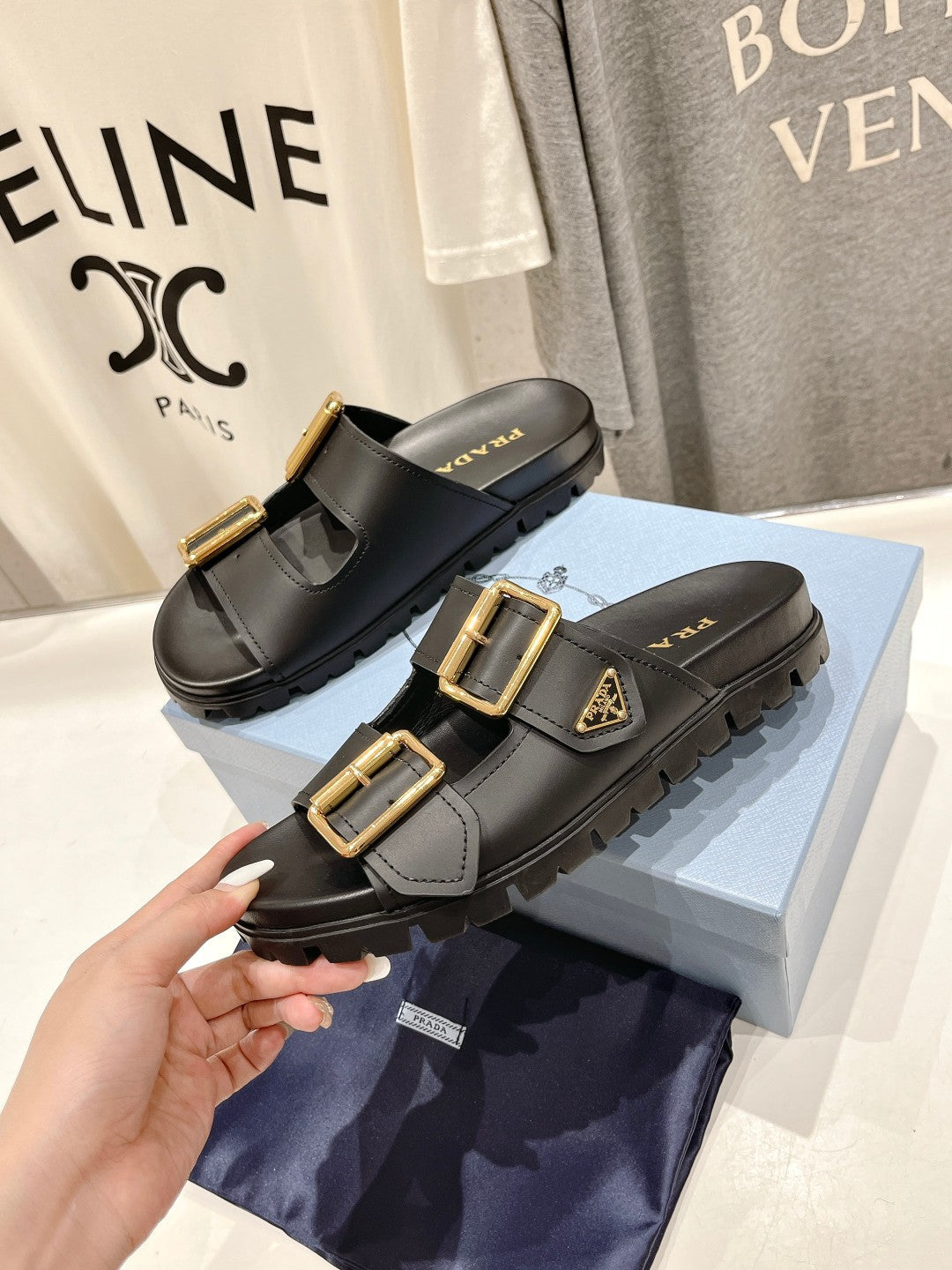 PRADA STRAP SLIDES SANLS BLACK CALFSKIN