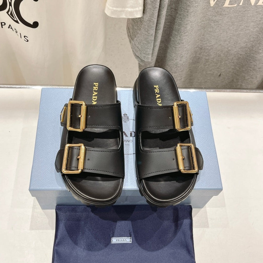 PRADA STRAP SLIDES SANLS BLACK CALFSKIN