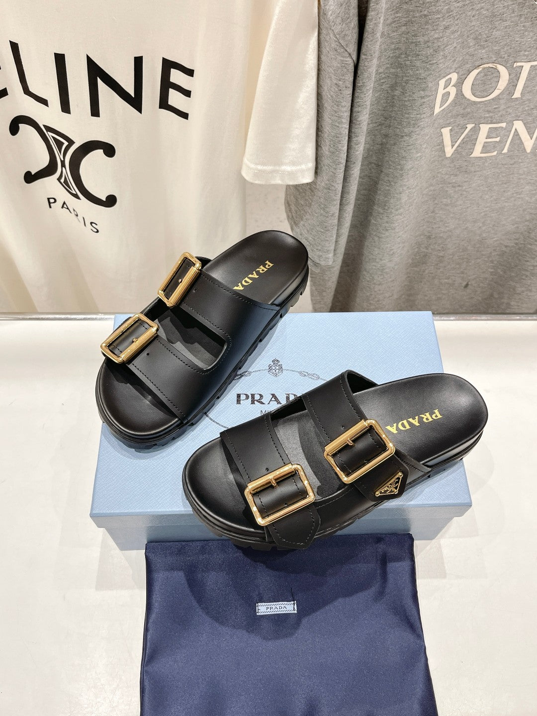 PRADA STRAP SLIDES SANLS BLACK CALFSKIN
