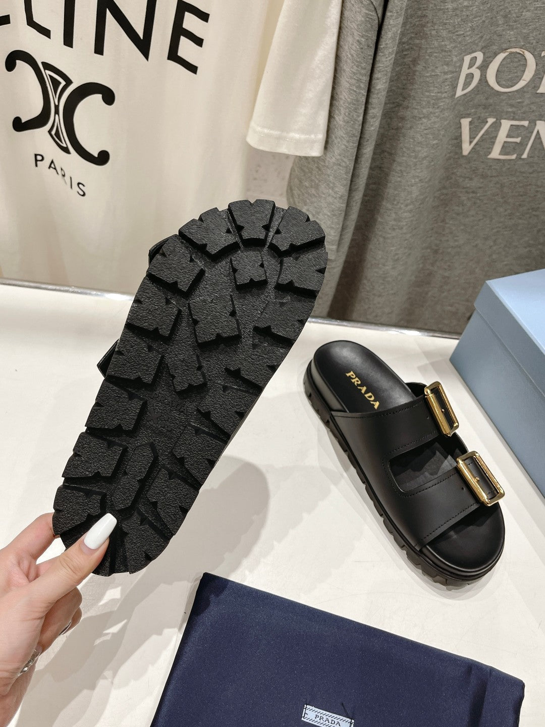 PRADA STRAP SLIDES SANLS BLACK CALFSKIN