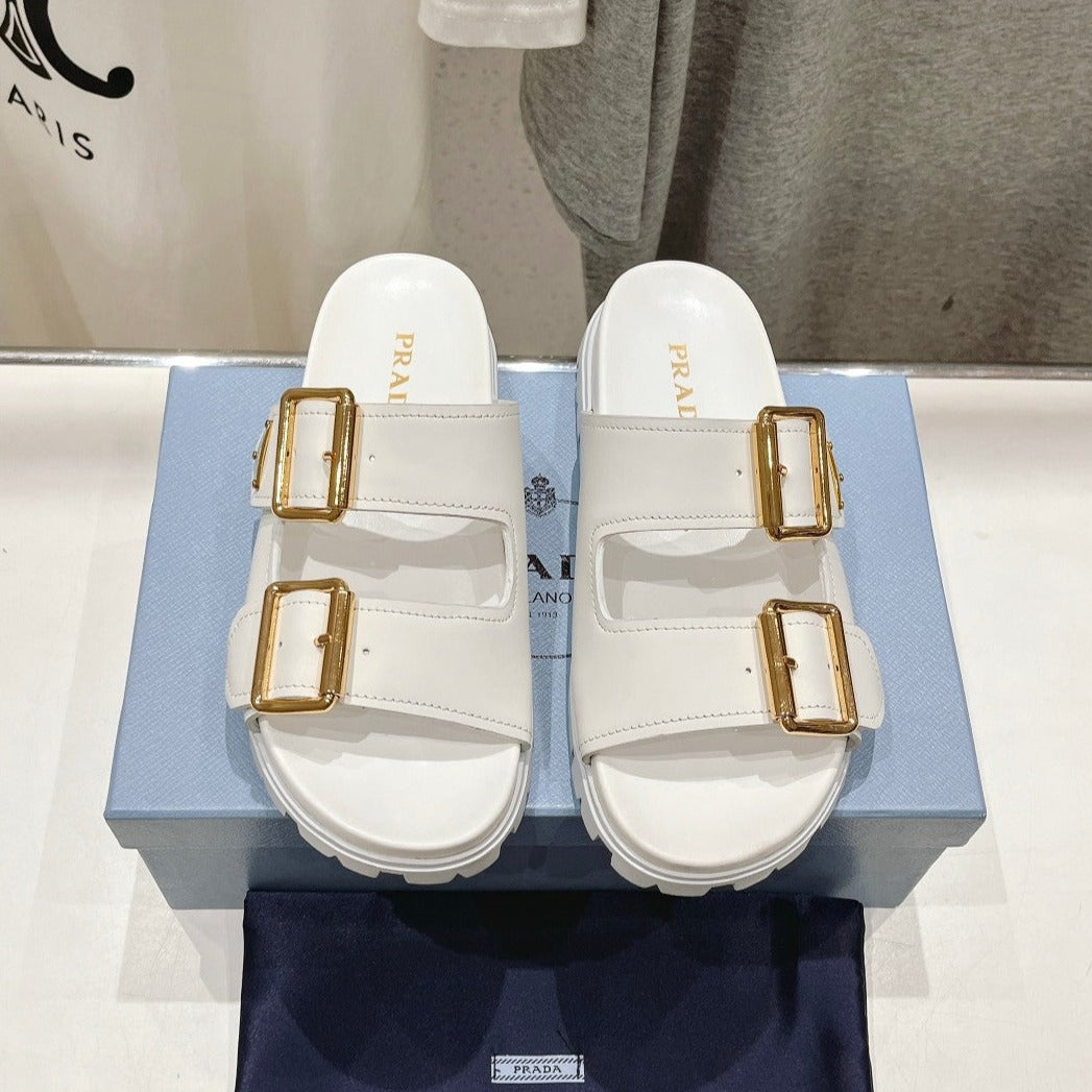 PRADA STRAP SLIDES SANLS WHITE CALFSKIN
