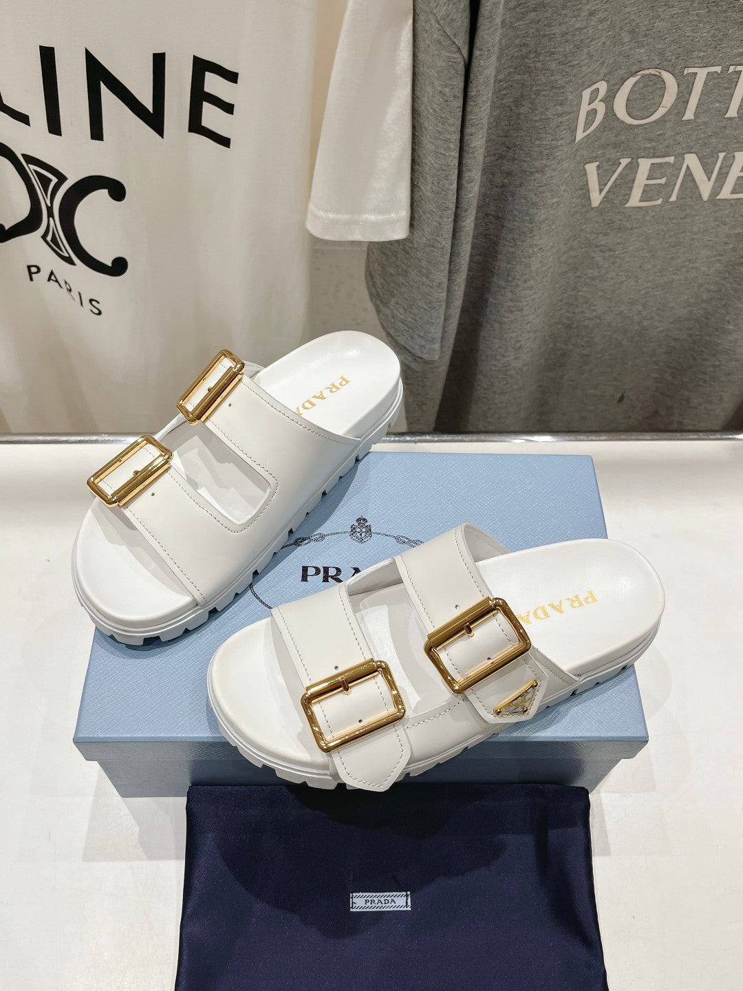 PRADA STRAP SLIDES SANLS WHITE CALFSKIN
