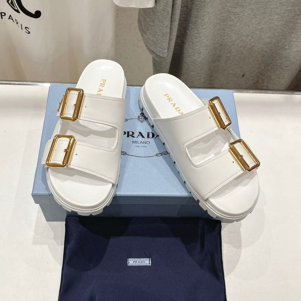 PRADA STRAP SLIDES SANLS WHITE CALFSKIN
