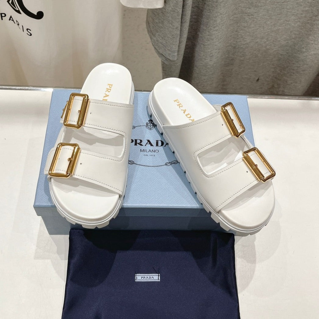 PRADA STRAP SLIDES SANLS WHITE CALFSKIN