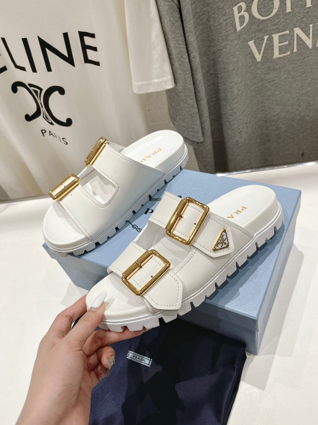 PRADA STRAP SLIDES SANLS WHITE CALFSKIN