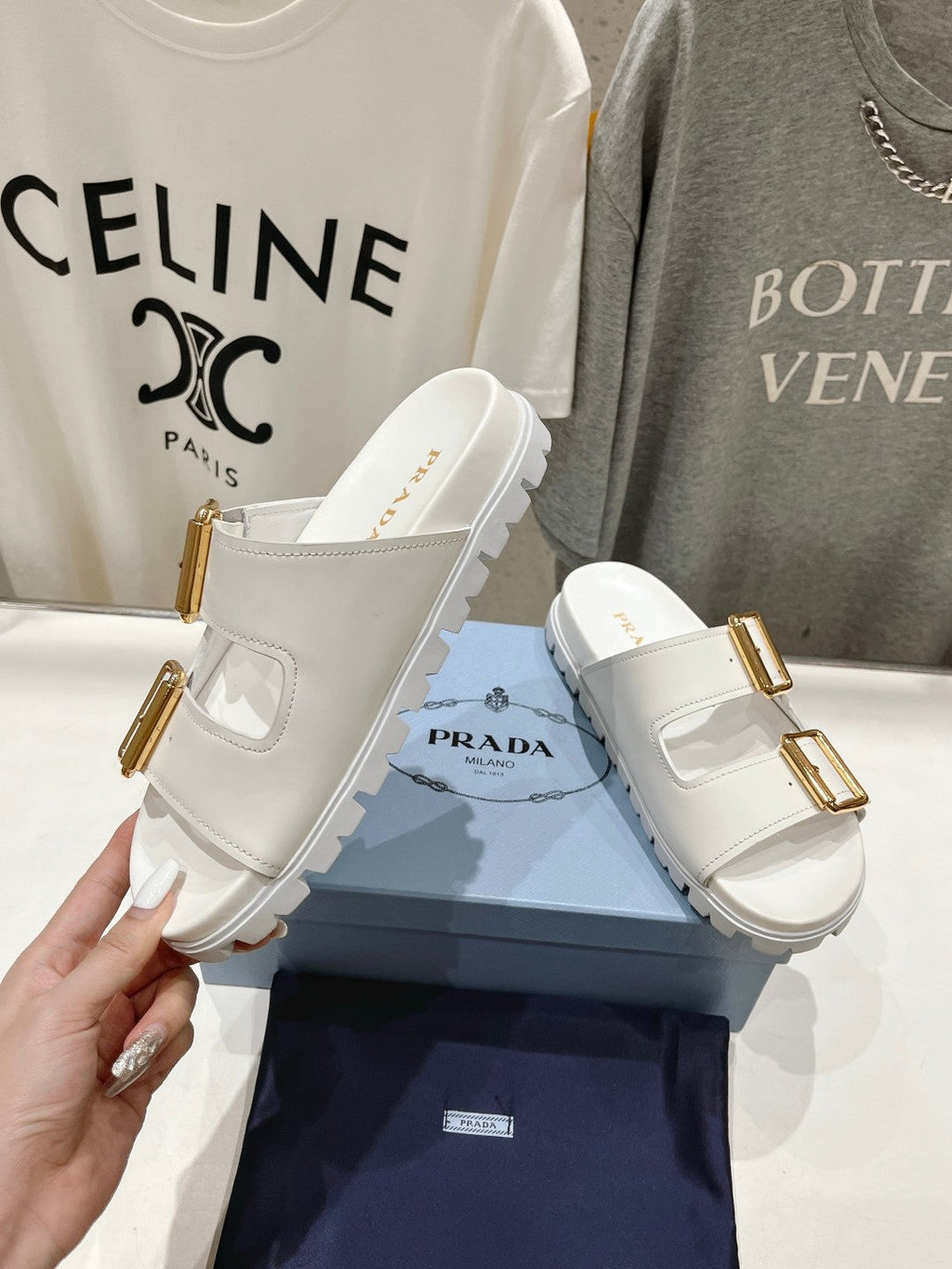 PRADA STRAP SLIDES SANLS WHITE CALFSKIN