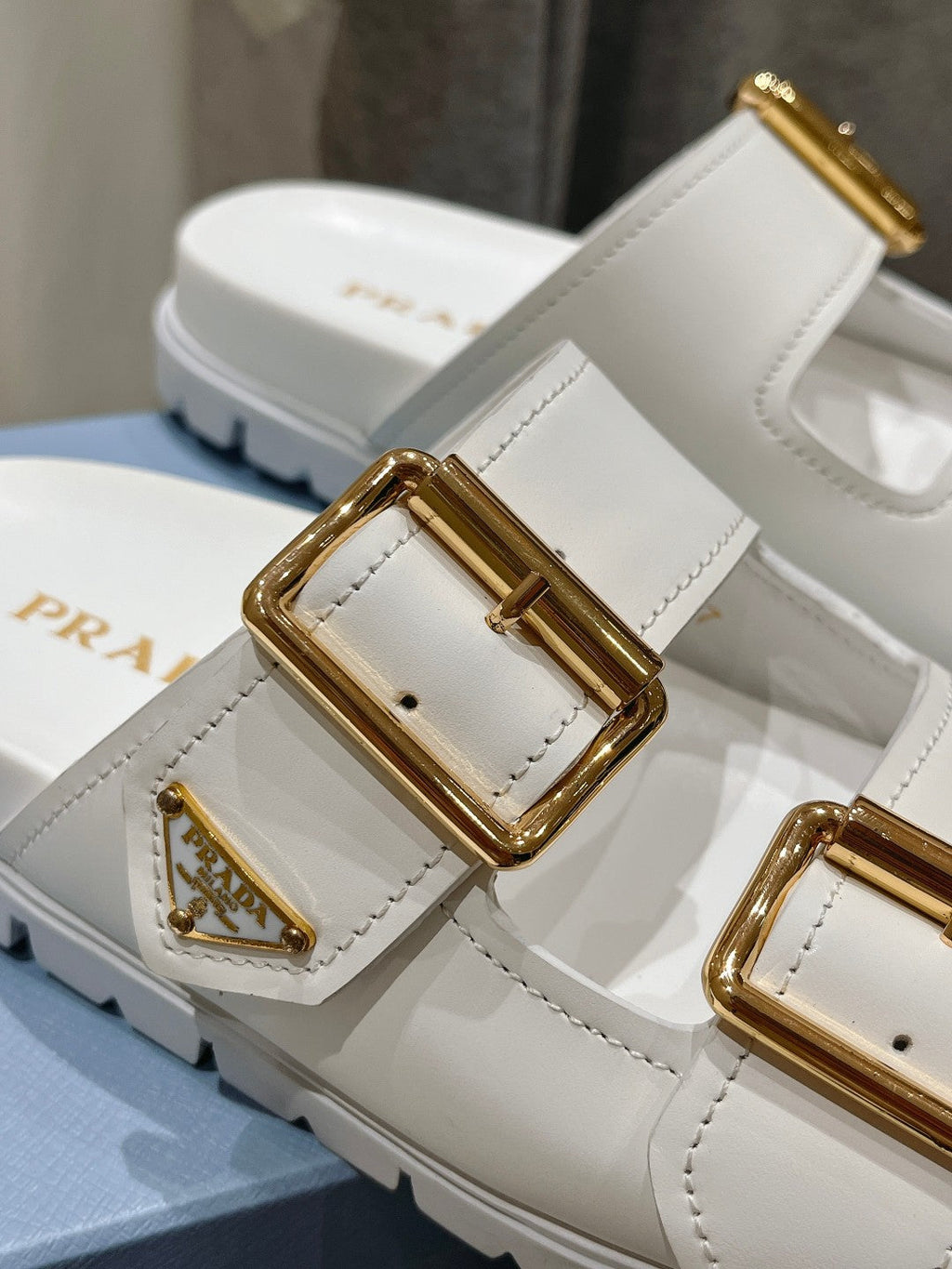 PRADA STRAP SLIDES SANLS WHITE CALFSKIN