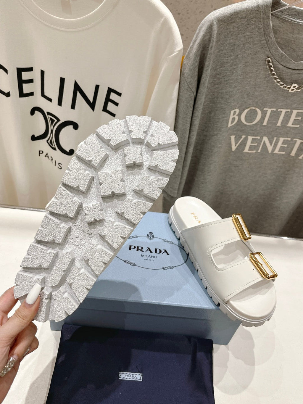 PRADA STRAP SLIDES SANLS WHITE CALFSKIN