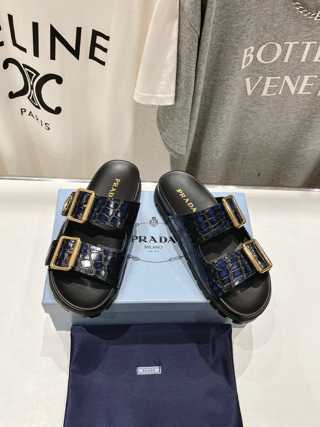PRADA CROCODILE MOTIF STRAP SLIDES SANLS BLACK AND LAPIS CALFSKIN