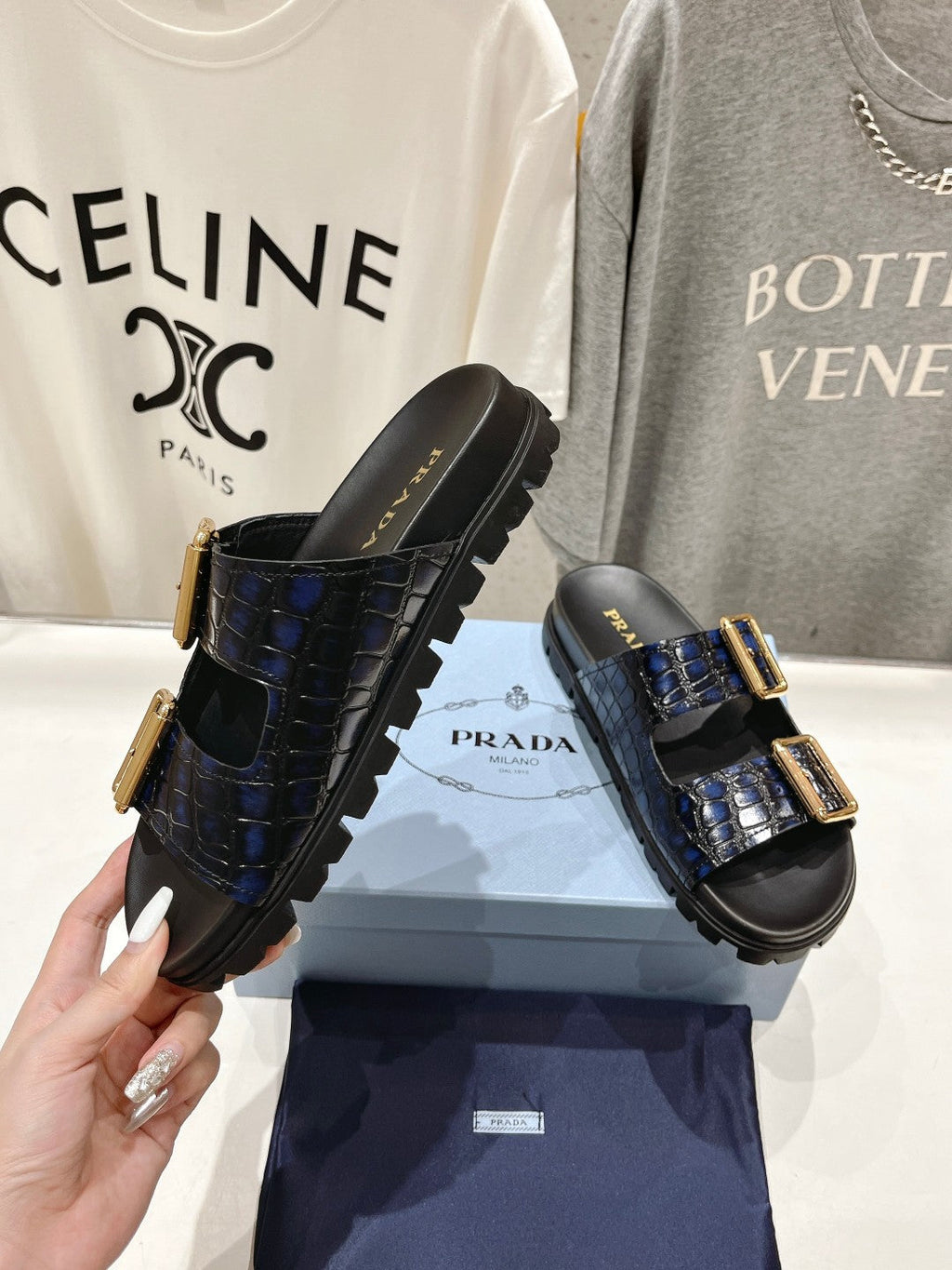 PRADA CROCODILE MOTIF STRAP SLIDES SANLS BLACK AND LAPIS CALFSKIN