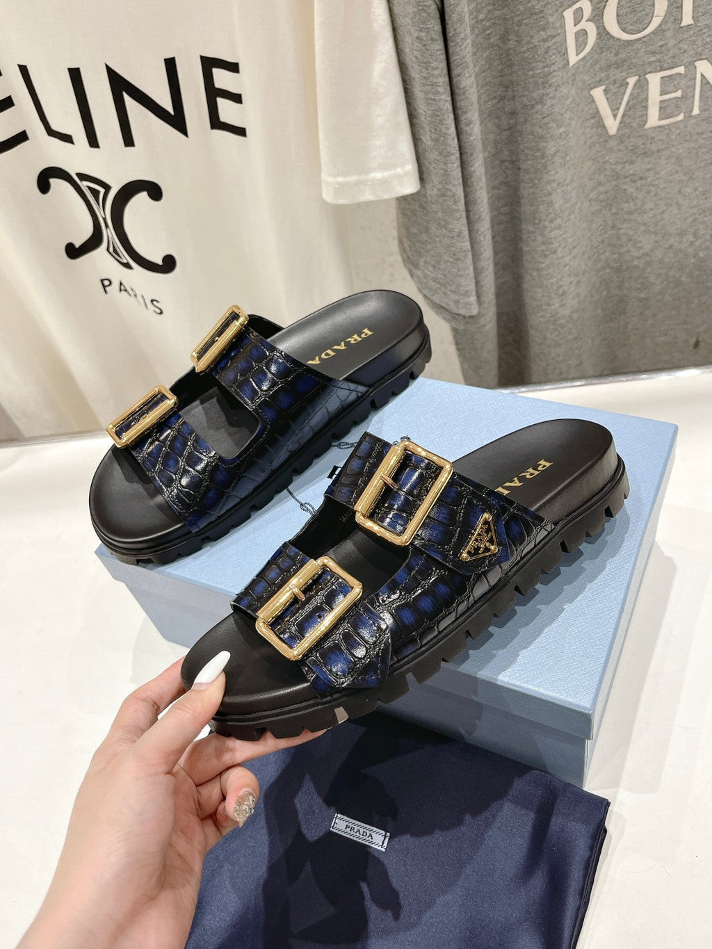 PRADA CROCODILE MOTIF STRAP SLIDES SANLS BLACK AND LAPIS CALFSKIN